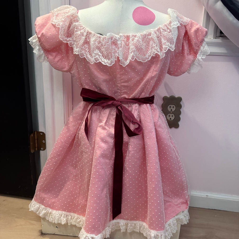 Dolls Kill Pink Polka Dot Lolita Dress with Burgundy Bow - Picture 2 of 2